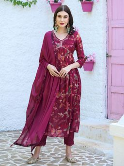 FASHOR - Floral Printed Flared Kurta with Pants & Dupatta - Maroon (Set of 3)