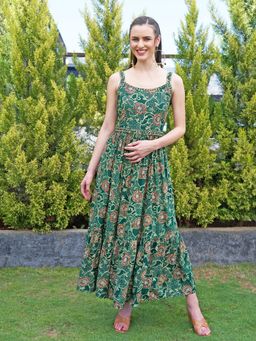 FASHOR - Floral Printed Mirror & Beads Maxi Dress with Embroidered Belt Green