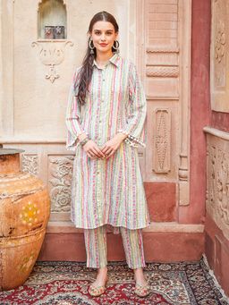 FASHOR - Printed Pompom Lace Embellished Asymmetric Hem Kurta with Pants -Multi-Color (Set of 2)