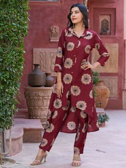 FASHOR - Floral Printed A-Line Maroon Kurta & Pants (Set of 2)