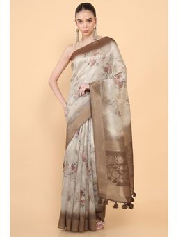 Soch - Women Beige Organza Printed Saree with Unstitched Blouse