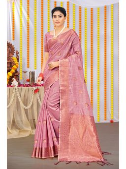 Sangam Prints - Pink Organza Woven Zari Work Traditional Tassel Saree with Unstitched Blouse