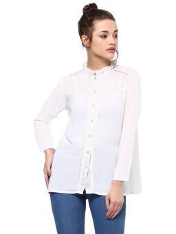 Miss Chase - Womens White Round Neck Full Sleeves Frills Sheer Lace Shirt Top