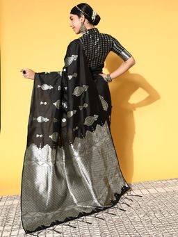 Odette - Silk Blend Black Woven Design Saree with Unstitched Blouse