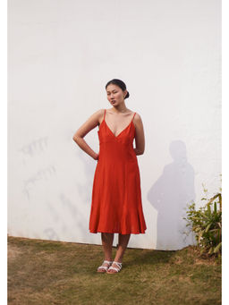 Five Thirty Somewhere - Red Soho Sunshine Brick Cotton Silk Midi Sleeveless Dress