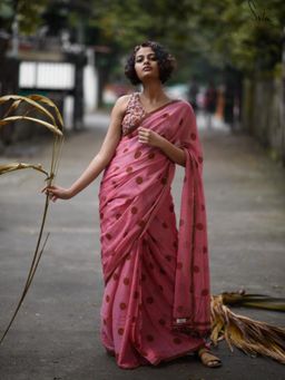 Suta - Pink Polka Printed Pure Cotton Handloom Saree without Blouse