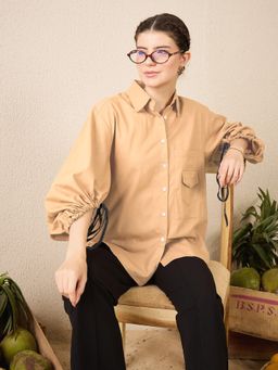 Uptownie - Beige Cotton Tie-Up Sleeves Shirt
