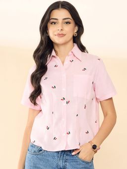 Uptownie - Pink Linen Half Sleeve Fitted Shirt