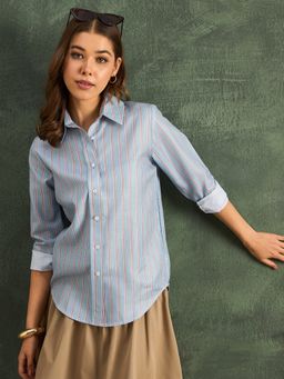 Uptownie - Blue Printed Pure Linen Shirt