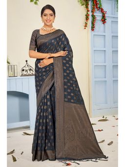 EXCLUSIVA - Navy Blue Cotton Saree with Unstitched Blouse