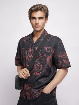 Rare Rabbit - Aki Black Placement Print Boxy Fit Shirt