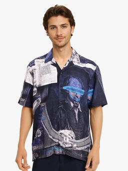 Rare Rabbit - Arc Navy Blue Abstract Boxy Fit Shirt