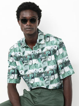 Rare Rabbit - Caph Green Tropical Print Boxy Fit Shirt
