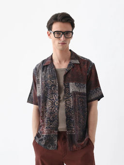 Rare Rabbit - Capra Dark Brown Art Deco Print Relaxed Fit Shirt