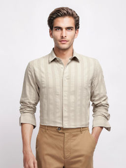Rare Rabbit - Dobbie Dark Beige Striped Regular Fit Shirt