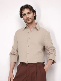 Rare Rabbit - Enim Beige Plain Relaxed Fit Shirt