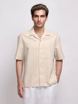 Rare Rabbit - Fei Half Sleeves Beige Textured Boxy Fit Shirt