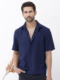 Rare Rabbit - Flo Navy Blue Plain Regular Fit Shirt