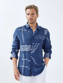 Rare Rabbit - Gigano Full Sleeves Dusky Blue Digital Print Regular Fit Shirt