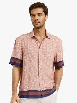 Rare Rabbit - Hane Peach Monogram Print Boxy Fit Shirt