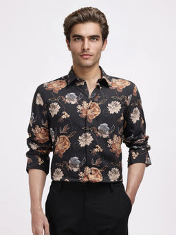 Rare Rabbit - Larne Black Floral Print Regular Fit Shirt