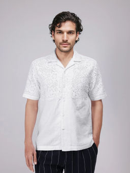 Rare Rabbit - Lassen Short Sleeves White Embroidered Boxy Fit Shirt