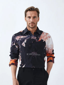 Rare Rabbit - Leko Black Art Deco Print Regular Fit Shirt