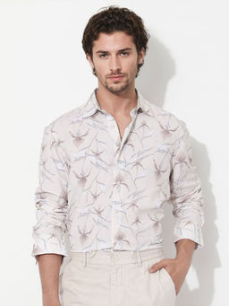 Rare Rabbit - Len Beige Floral Print Regular Fit Shirt