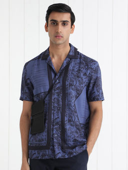 Rare Rabbit - Letter Navy Tropical Print Regular Fit Shirt