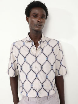 Rare Rabbit - Mareno Off White Geometric Regular Fit Shirt