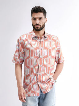 Rare Rabbit - Met Peach Geometric Regular Fit Shirt