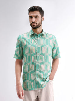 Rare Rabbit - Met Green Geometric Regular Fit Shirt