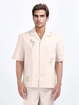 Rare Rabbit - Mouzon Beige Embroidered Relaxed Fit Shirt