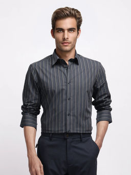 Rare Rabbit - Myro-3 Grey Striped Regular Fit Shirt