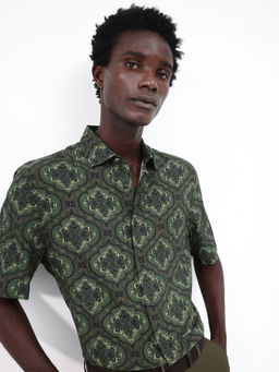 Rare Rabbit - Parkes Green Decorative Print Boxy Fit Shirt
