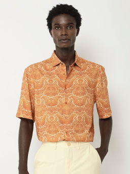 Rare Rabbit - Picano Orange Floral Print Boxy Fit Shirt
