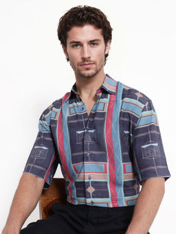 Rare Rabbit - Pristom Dark Blue Geometric Boxy Fit Shirt