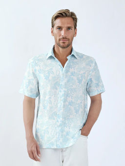 Rare Rabbit - Rage Pastel Blue Floral Print Regular Fit Shirt
