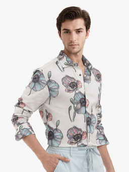 Rare Rabbit - Saddle Off White Floral Print Regular Fit Shirt