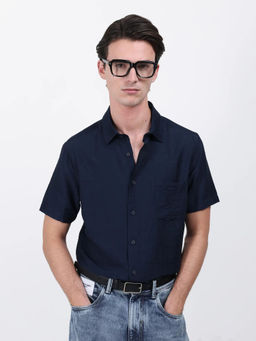 Rare Rabbit - Torit Pastel Navy Plain Regular Fit Shirt