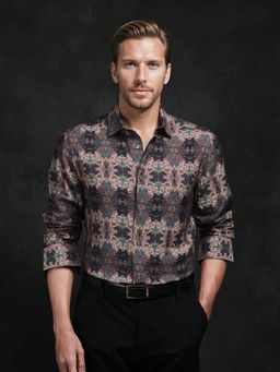 Rare Rabbit - Toro Brown Abstract Regular Fit Shirt