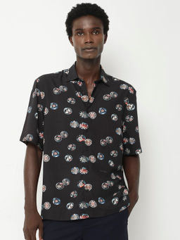 Rare Rabbit - Towen Short Sleeves Black Floral Print Boxy Fit Shirt