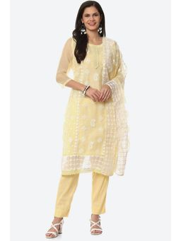 Biba - Yellow Kota Embroidered Unstitched Suit (Set of 3)