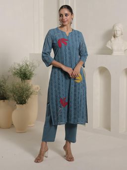 Indo Era - Blue Self Design Straight Kurta with Pant