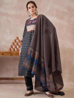 Indo Era - Black Printed Straight Kurta with Pant and Dupatta