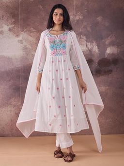 Indo Era - Off White Floral Embroidered A-Line Kurta with Pant and Dupatta