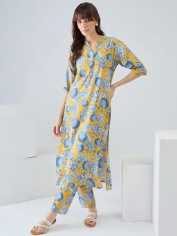 Indo Era - Yellow Floral Printed Straight Co-Ord Set