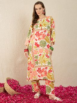 Indo Era - Off White Floral Printed Straight Co-Ord Set