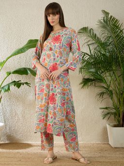 Indo Era - Floral Printed Straight Co-Ord Set - Beige