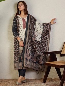 Indo Era - Black Floral Printed Straight Kurta with Pant and Dupatta